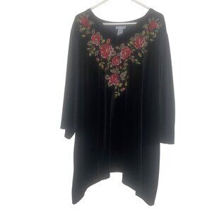 Catherines Black Velvet Tunic Womens 3X With Red Rose Embroidery Plus Size 3/4 S